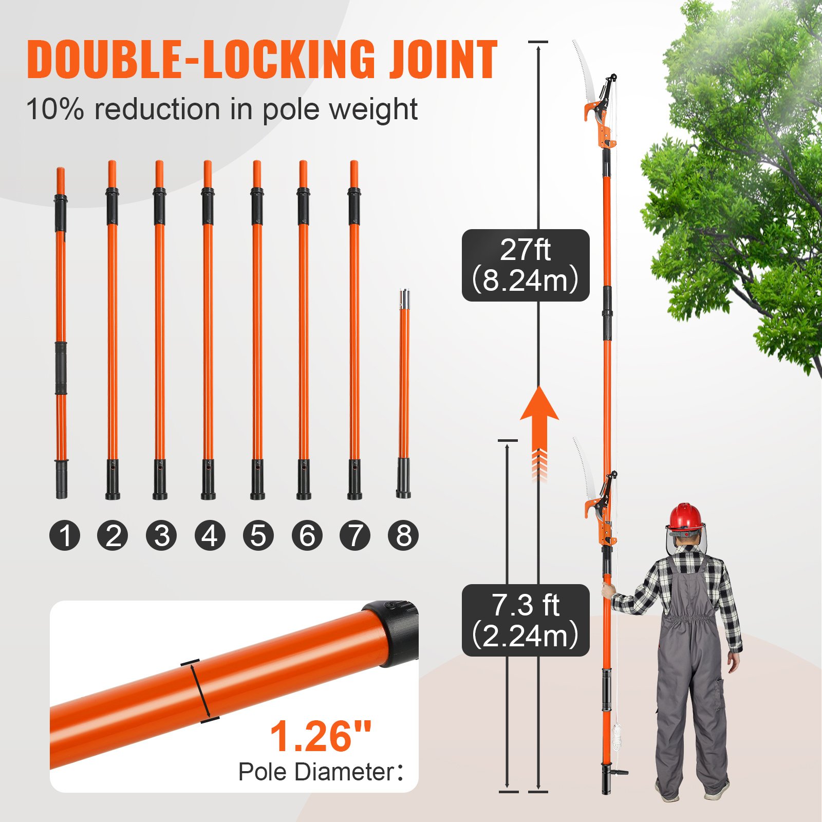 VEVOR Manual Pole Saw, 7.3-27 Ft Extendable Tree Pruner, Sharp Steel Blade And Scissors High Branches Trimming, Branch Trimmer With Lightweight 8 Fiberglass Handles, For Pruning Palms And Shrubs - Image 4