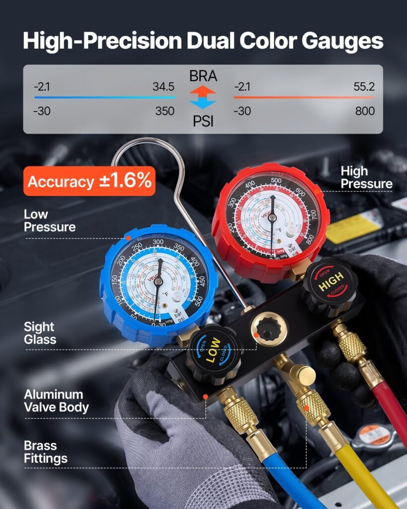 AC Manifold Gauge Set For R134a R404A R1234yf R22 Refrigerant, 3 Way AC Gauge With 5 Ft Hoses, Adapters, Quick Couplers, Can Taps For Automotive Air Conditioning Maintenance, Charging Evacuation