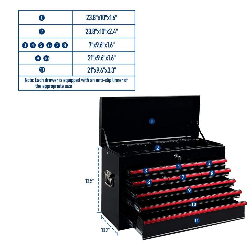Heavy Duty Metal Tool Box, 24-inch, Portable Metal Tool Box with 9 Drawers, Small Tool Chest with EVA Liners, Ball Bearing Slide Drawers Locking & Powder Coated Finish, Multi-Function Tool Organizer