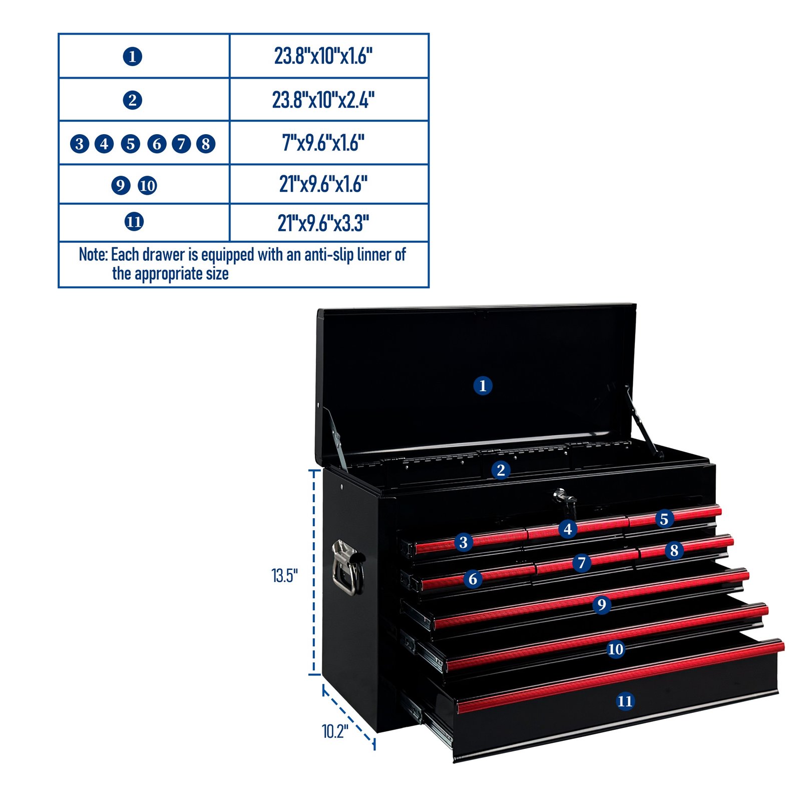 Heavy Duty Metal Tool Box, 24-inch, Portable Metal Tool Box with 9 Drawers, Small Tool Chest with EVA Liners, Ball Bearing Slide Drawers Locking & Powder Coated Finish, Multi-Function Tool Organizer - Image 6