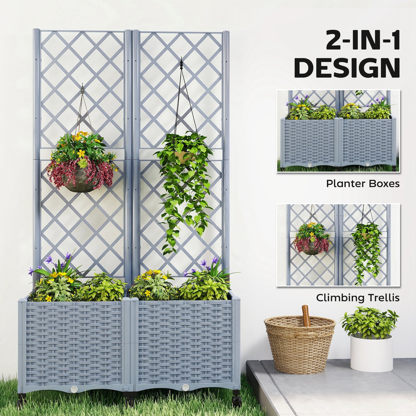 Planter Box with Trellis, Self Watering Raised Garden Bed with Lockable Wheels and Drainage Holes, Gray - Image 5
