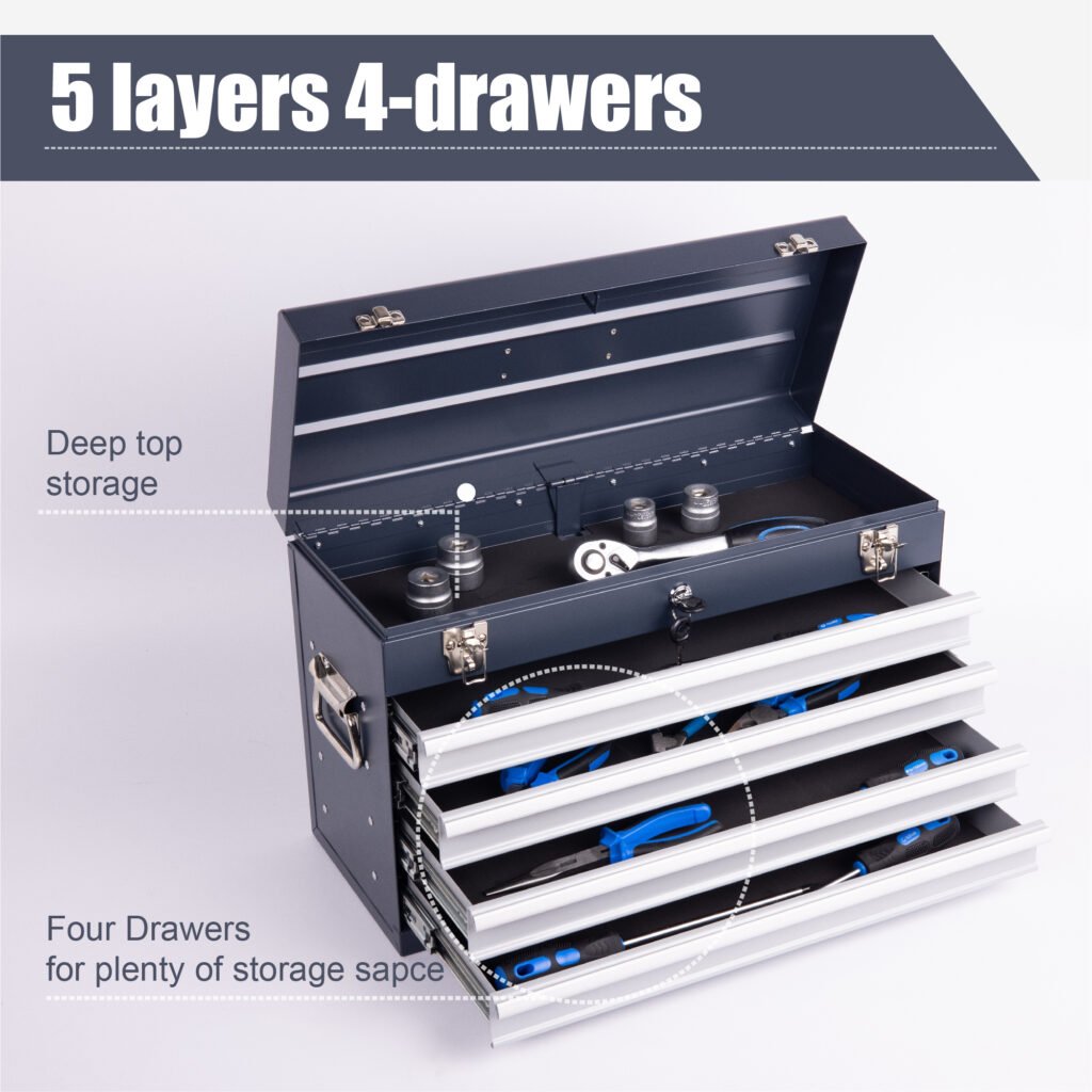 Heavy Duty Metal Tool Box, 21-inch, Portable Metal Tool Box With 4 Drawers, Small Tool Chest With EVA Liners, Ball Bearing Slide Drawers Locking & Powder Coated Finish, Multi-Function Tool Organizer