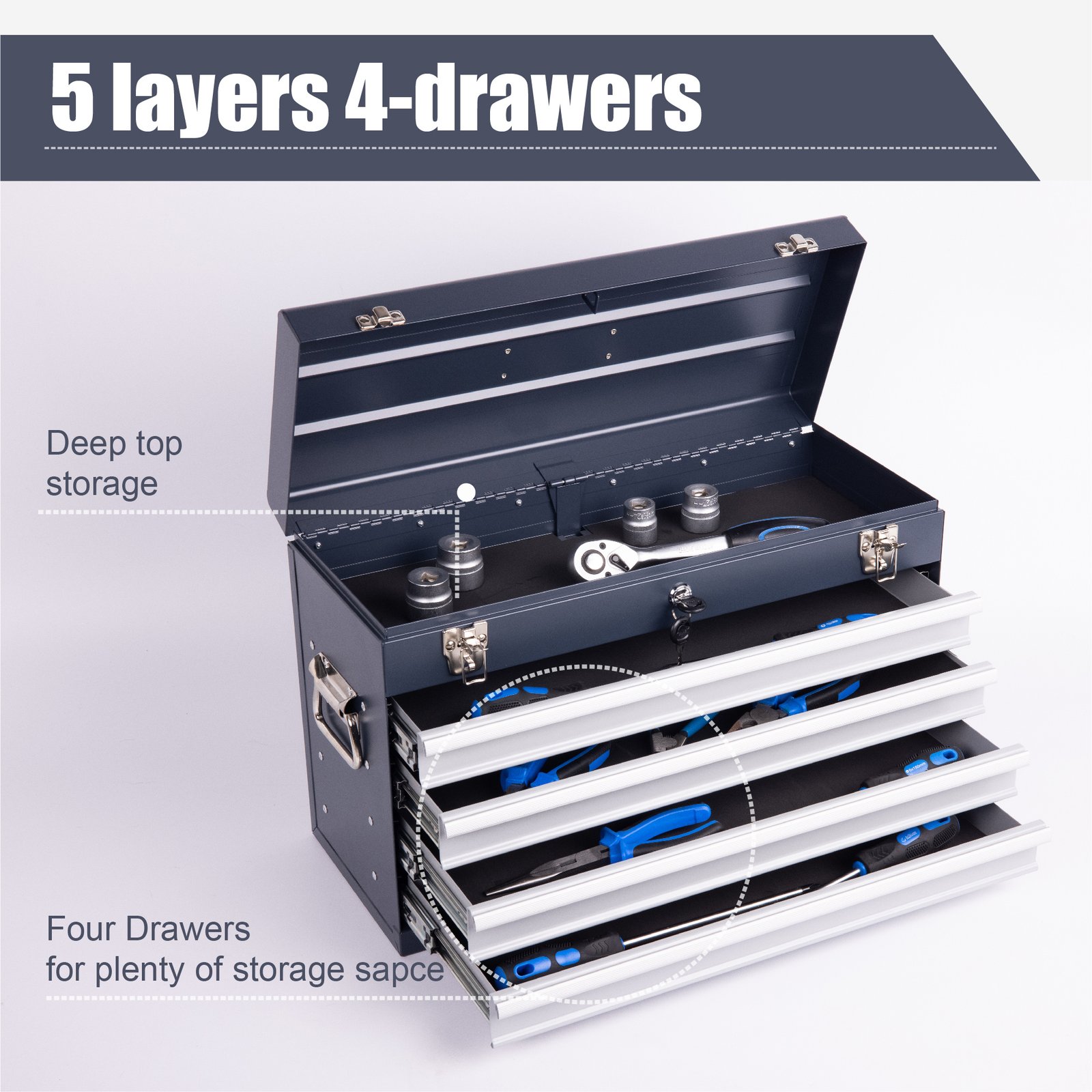 Heavy Duty Metal Tool Box, 21-inch, Portable Metal Tool Box With 4 Drawers, Small Tool Chest With EVA Liners, Ball Bearing Slide Drawers Locking & Powder Coated Finish, Multi-Function Tool Organizer - Image 6