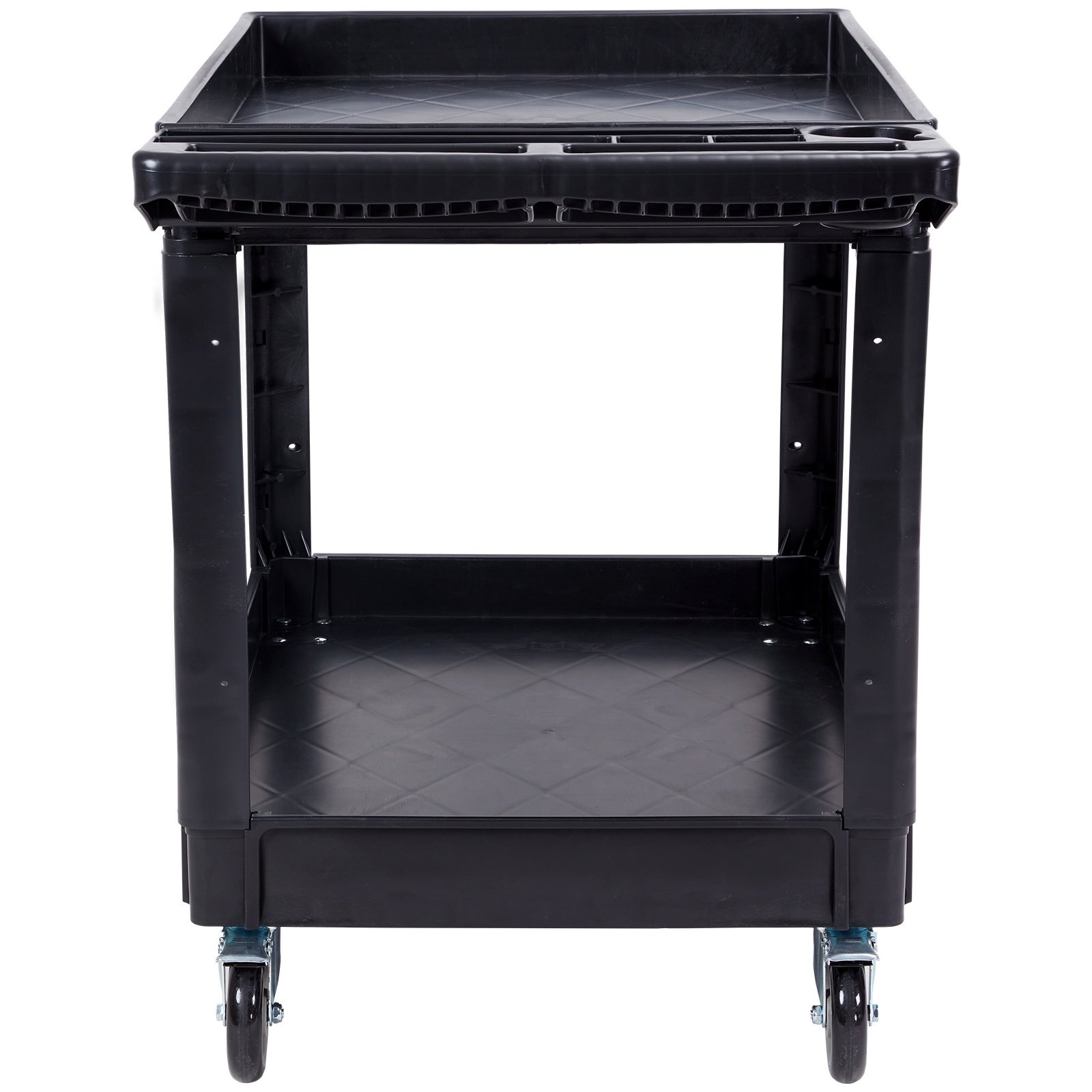 VEVOR Utility Service Cart, 2 Shelf 550LBS Heavy Duty Plastic Rolling Utility Cart With Swivel Wheels 2 With Brakes, Large Lipped Shelf, Ergonomic Storage Handle For Warehouse Garage Cleaning - Image 4