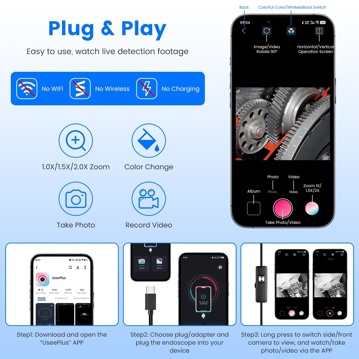 1Set Endoscope Camera 1920P HD IP67 Waterproof Inspection Borescope Tool With Light And 8 & 1 Dual Lens 16.4ft Semi Rigid Snake Cable Stepless Brightness APP Control For IOS And Android - Image 7