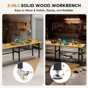 96in Adjustable Workbench With Side Pegboard, Solid Wood Top, 2000 Lbs Capacity, Adjustable Height Garage Work Table With Power Outlet, Storage Box, Wheels Or Leveling Feet - Image 2