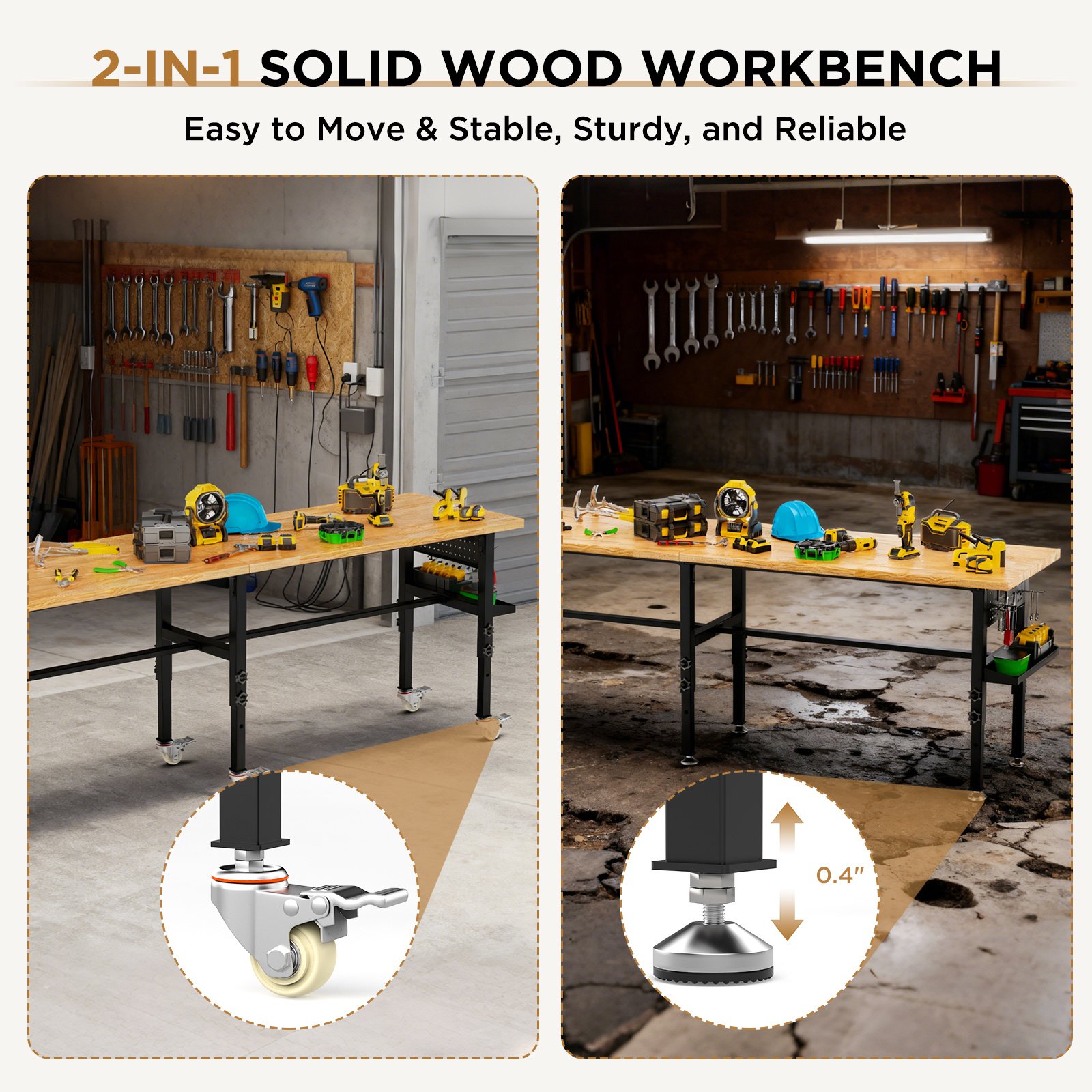 96in Adjustable Workbench With Side Pegboard, Solid Wood Top, 2000 Lbs Capacity, Adjustable Height Garage Work Table With Power Outlet, Storage Box, Wheels Or Leveling Feet - Image 2