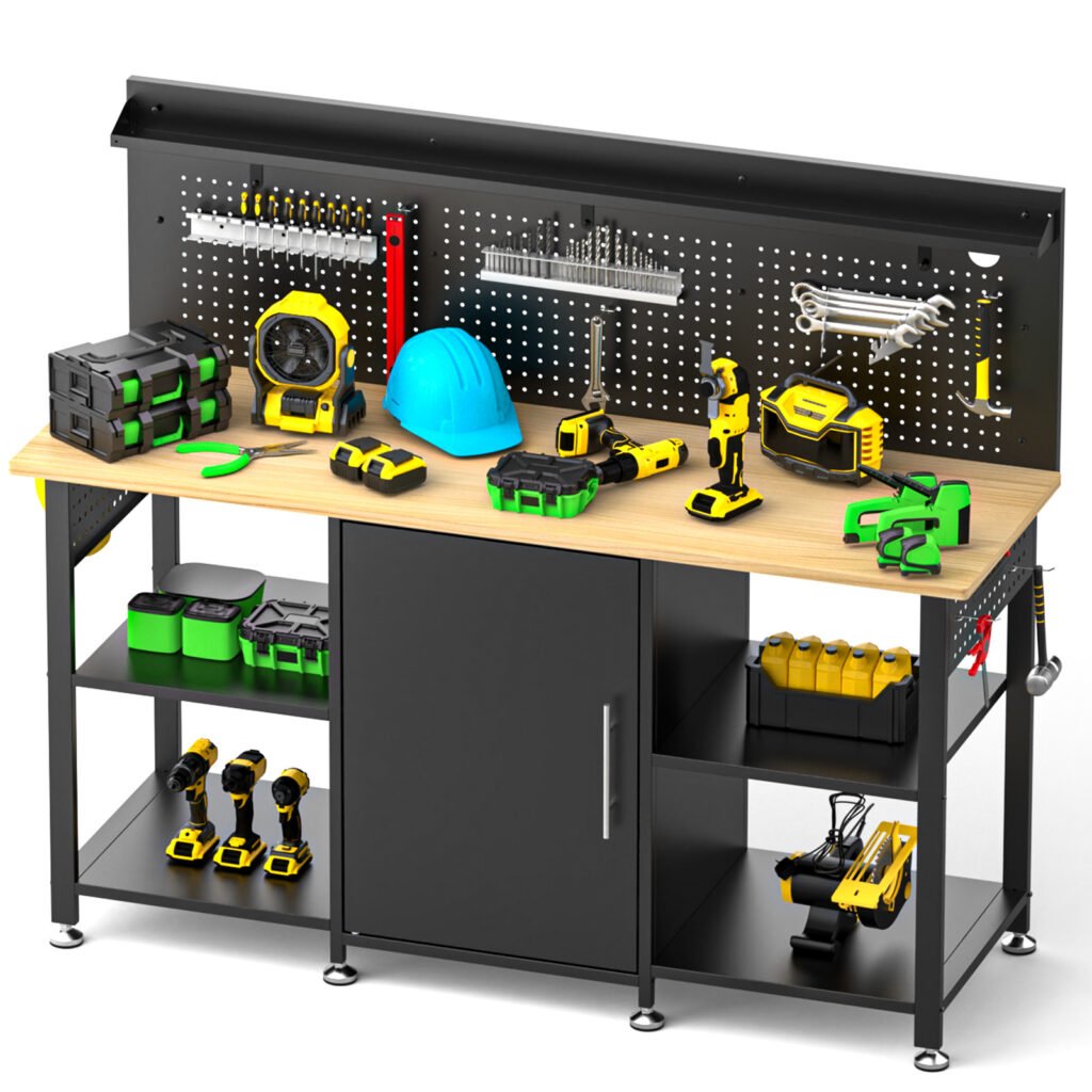 60 Inch Heavy Duty Workbench With Storage Cabinet, Wooden Top, 2000 Lbs Capacity, Large Garage Work Table With Pegboard, Power Outlet