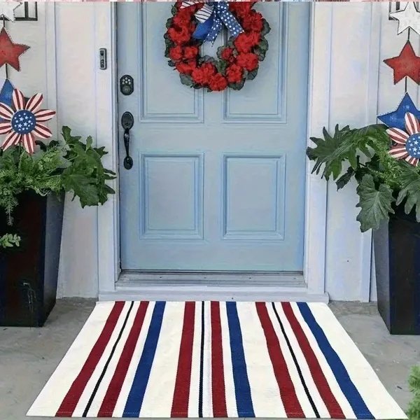 Unique Outdoor Mat, American Vintage Patriotic Star, Machine Washable Non-Slip Mat, Red White Blue Stars & Stripes Design 31x20 Inch Ideal Gift For Patriotic, Patriotic Area Mat, Perfect For Father's