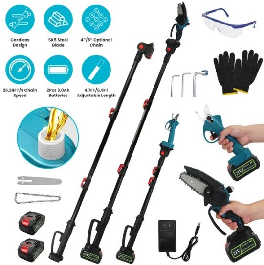 4 In 1 Cordless Pruning Shear And Electric Chainsaw With Max 5.5FT Extension Poles 4' 6' Pole Saw SK5 Blade Brushless Pruning Shear With 2Pcs 3.0Ah Batteries For Garden Yard GPCT5130