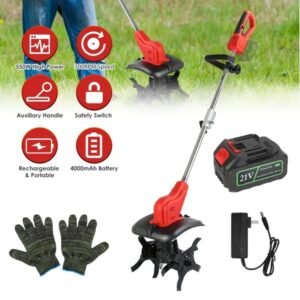 21V Electric Cordless Tiller Cultivator Powered Garden Tiller With 4 Blades 16 Steel Tines 550W 300RPM 4000mAh Battery Tilling 9-in Width & 9-in Depth For Lawn/Gardening/Soil Cultivation - Image 1