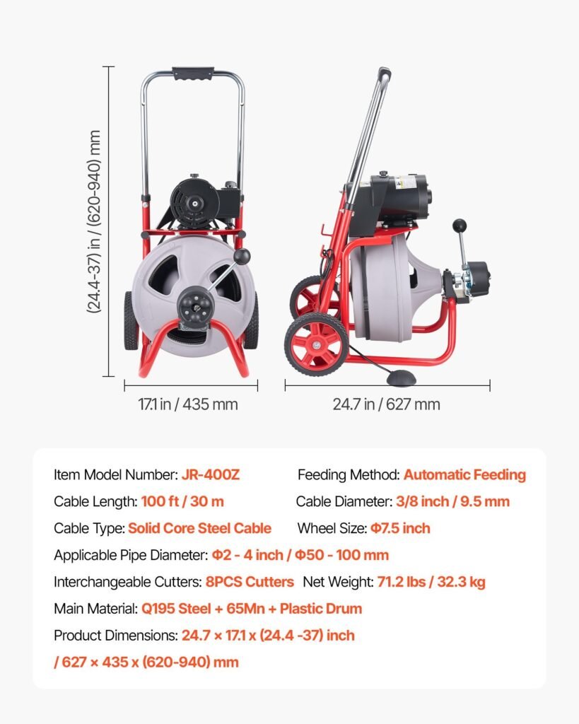 Drain Cleaner Machine 100 FT X 3/8 Inch, Auto Feed Sewer Snake Drain Auger On Wheels, Portable Drain Cleaning Machine With 8 Cutters & Air-Activated Foot Switch For 2" To 4" Pipes