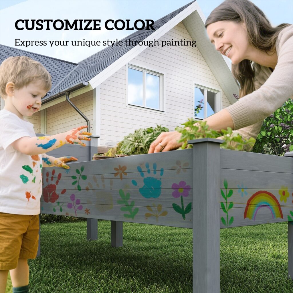 2 Tier Raised Garden Bed, Wooden Elevated Planter Box with Legs, Outdoor Plant Bed for Flowers Vegetables Herbs Gray