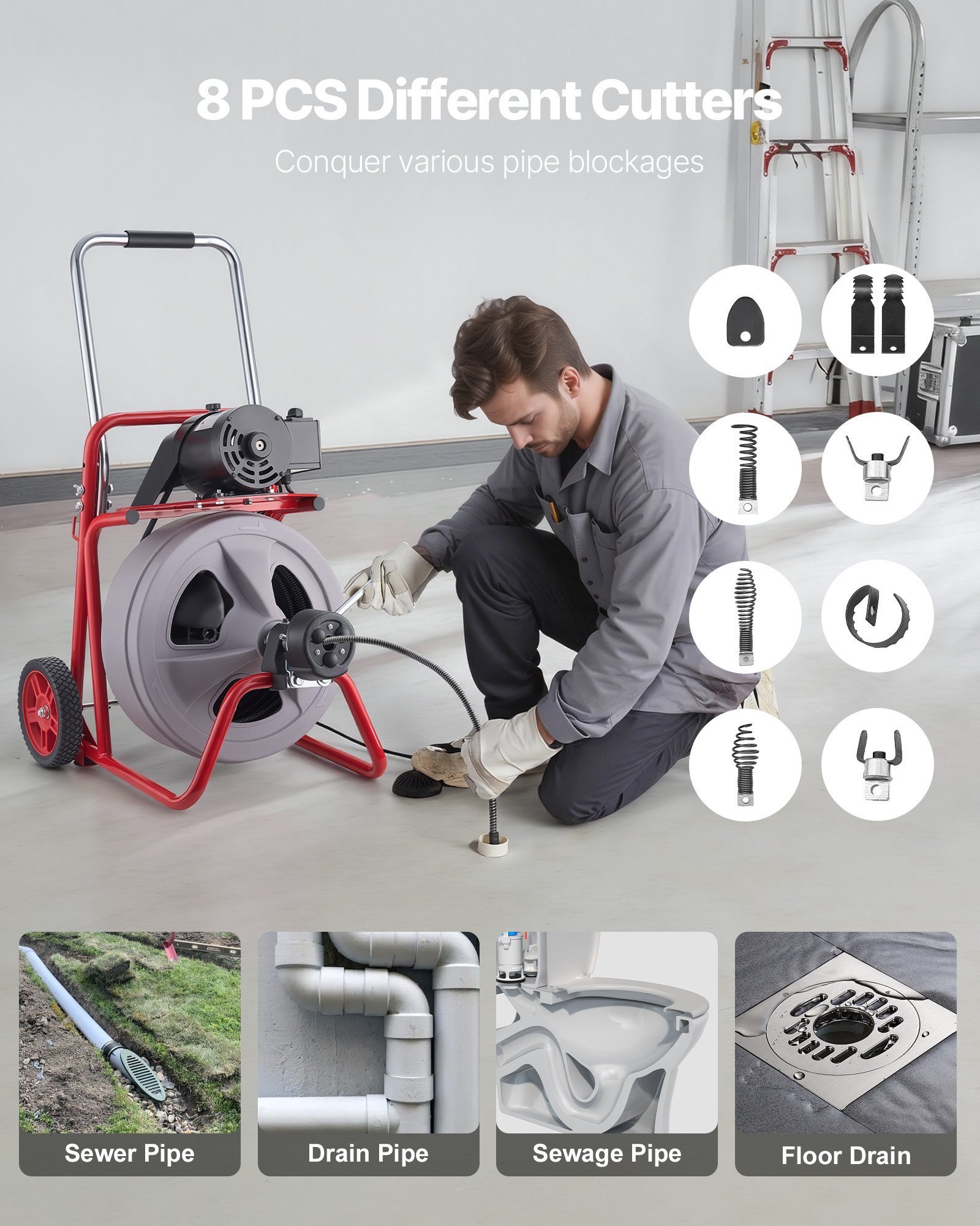 Drain Cleaner Machine 75 FT X 1/2 Inch, Auto Feed Sewer Snake Drain Auger On Wheels, Portable Drain Cleaning Machine With 8 Cutters & Air-Activated Foot Switch For 2" To 6" Pipes - Image 4