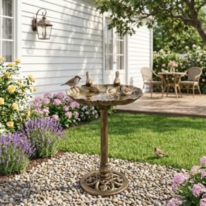 50x36x81cm Antique Bronze Resin Bird Bath With Shell Edge & 1.4W Solar Fountain - Image 3