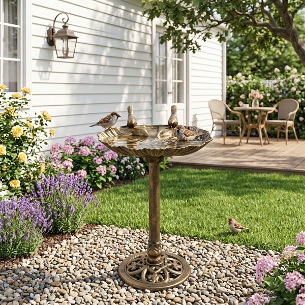 50x36x81cm Antique Bronze Resin Bird Bath With Shell Edge & 1.4W Solar Fountain