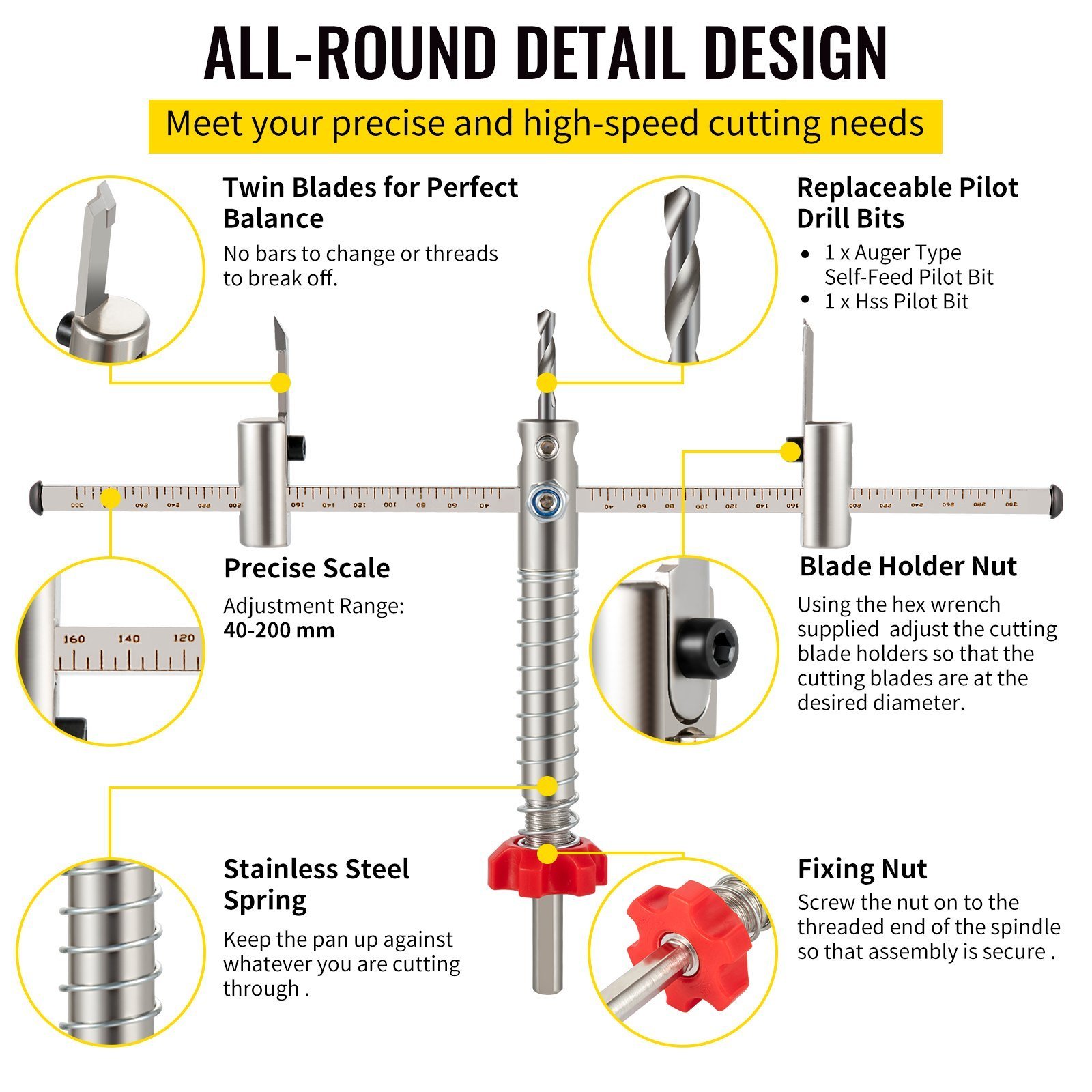 Adjustable Hole Saw Cutter Kit, 1-5/8' To 8' (40-200 Mm), Twin Blade Recessed Hole Saw With PC Dust Shield, Two Replaceable Pilot Drill Bits, For Recessed Lights, Ceiling Speakers, Vent Holes - Image 3