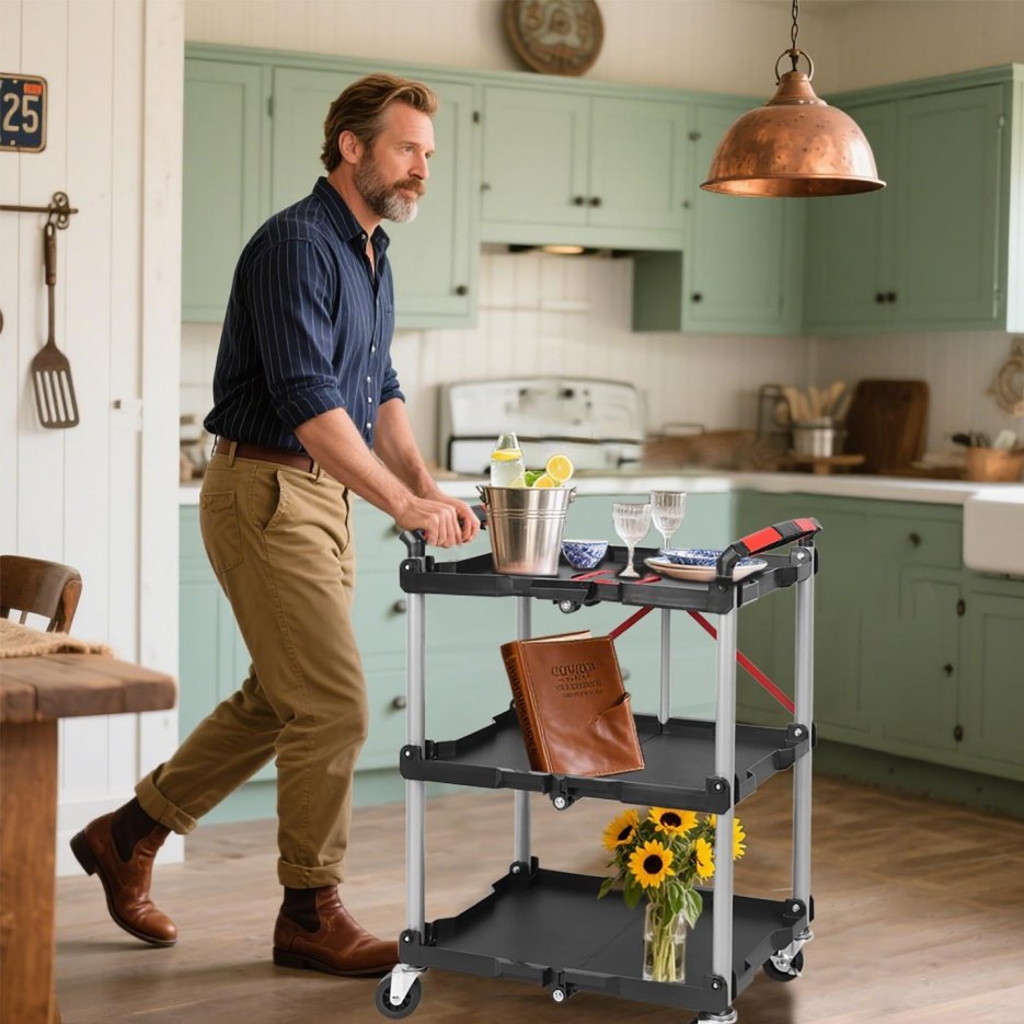 Foldable Utility Service Cart, 3 Shelf Heavy Duty Plastic Rolling Cart With Swivel Wheels 2 With Brakes, Ergonomic Handle, Portable Garage Tool Cart For Warehouse Office Home