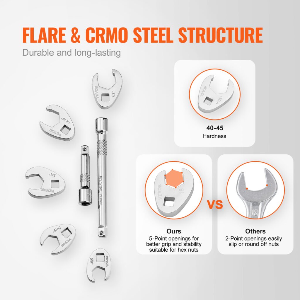 VEVOR Drive Crowfoot Wrench Set With 2 Extension Bars, 24-Piece Crows Foot Wrench Set, SAE  -1inch And Metric 10-22 Mm, CR-MO Steel Crowfoot Wrench Set, With EVA Tool Organizer