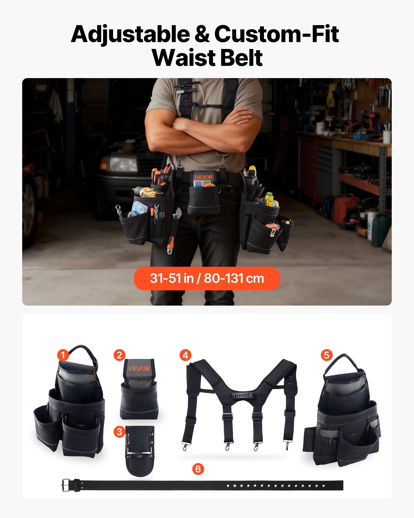 Tool Belt, 19 Pockets Tool Pouch With Suspenders For Men, Heavy Duty Adjustable Utility Belt Work Bag Detachable Suspension Rig For Electrician, Carpenter, Construction, Adjust Waist 31 To 51in - Image 3