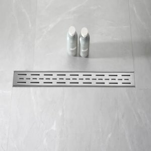 28 Inch Linear Shower Drain With Removable Brick Patterned Grate Cover, 304 Stainless Steel Shower Floor Drain With Hair Strainer And Leveling Feet - Image 3