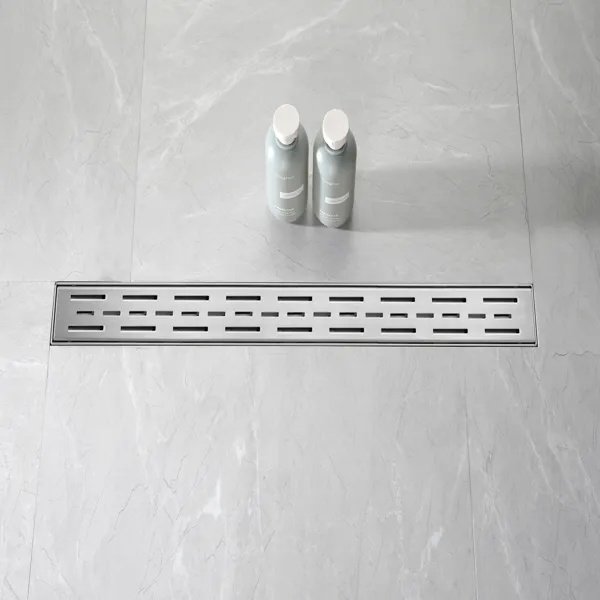 28 Inch Linear Shower Drain With Removable Brick Patterned Grate Cover, 304 Stainless Steel Shower Floor Drain With Hair Strainer And Leveling Feet