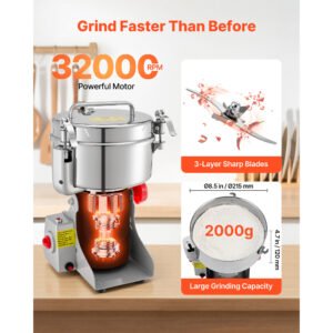 2000g Electric Grain Mill Grinder, 3400W 32000RPM High Speed Spice Corn Dry Grinding Machine, Stainless Steel Pulverizer Powder Machine For Dried Grains Coffee Beans Spices Nuts 270 Swing Type - Image 5