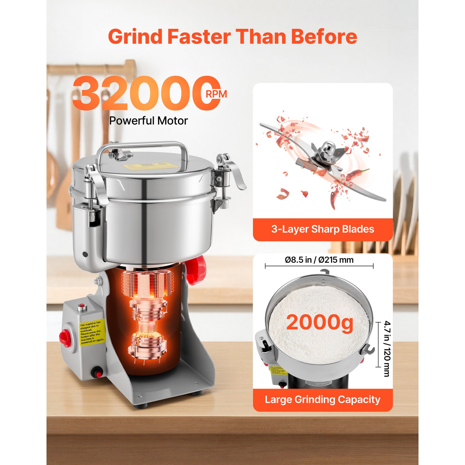 2000g Electric Grain Mill Grinder, 3400W 32000RPM High Speed Spice Corn Dry Grinding Machine, Stainless Steel Pulverizer Powder Machine For Dried Grains Coffee Beans Spices Nuts 270 Swing Type - Image 5