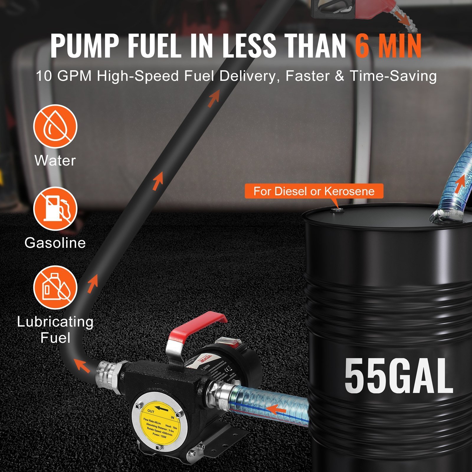 Fuel Transfer Pump 12V 10 GPM 1/4 HP Diesel Pump With Auto Fuel Nozzle - Image 3