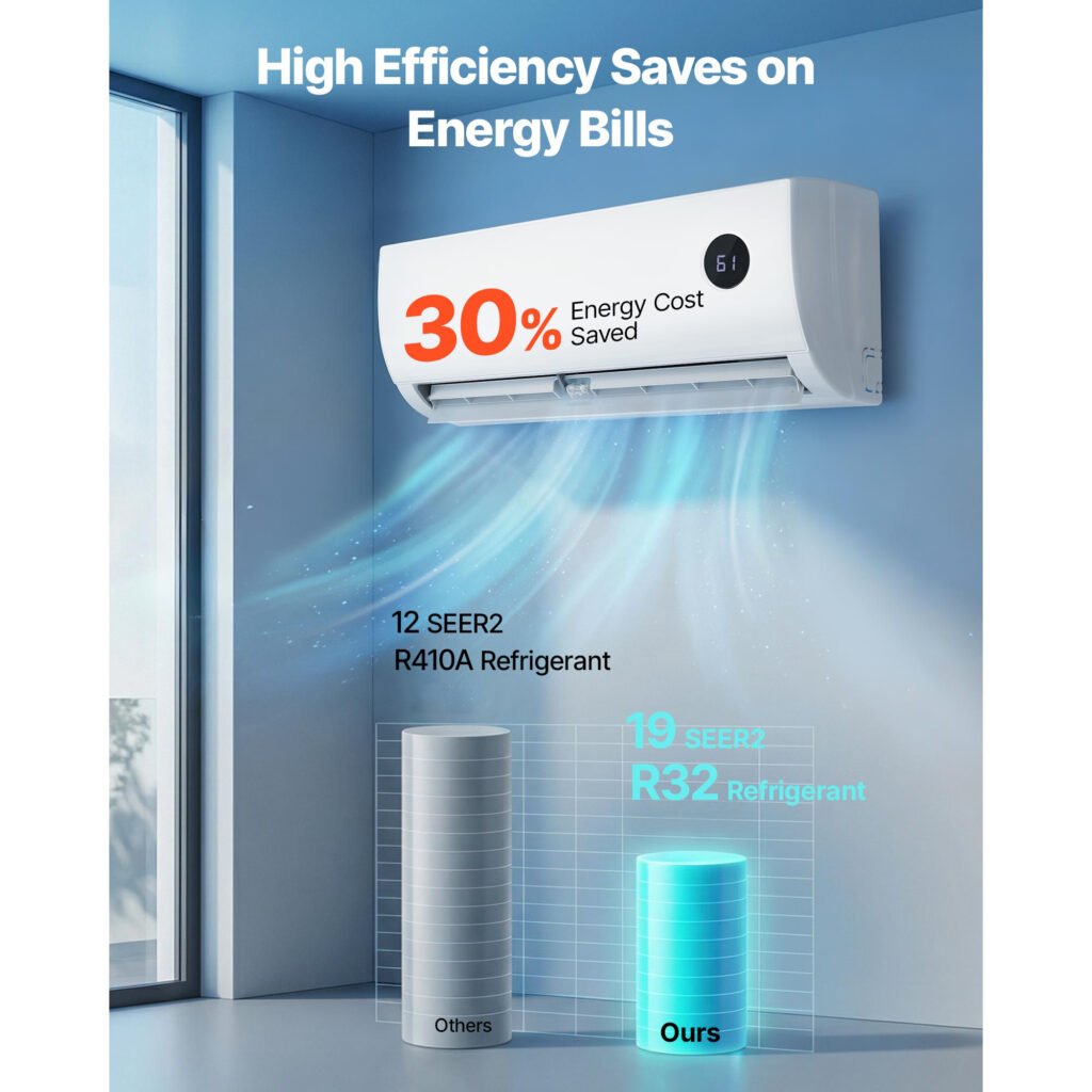 Mini Split Air Conditioner, 12,000 BTU AC  12,500 BTU Heat, 230V 19 SEER2 High Efficiency Energy Saving, Quiet Inverter System For 750 Sq.Ft Coverage Area, Easy To Maintain, For Home, Office