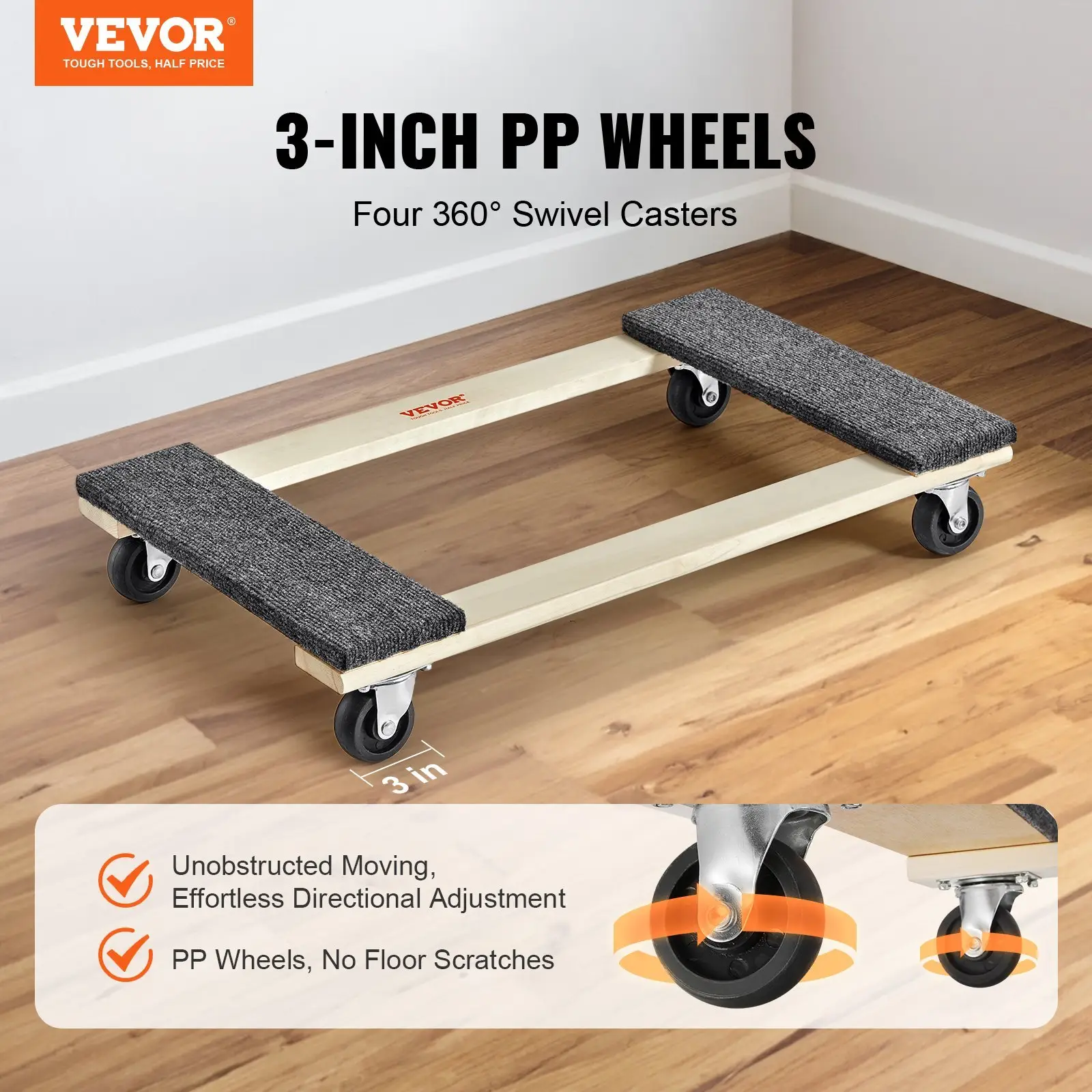 Furniture Dolly, 1000 Lbs Load Capacity, 18' X 30', 4 X 3' PP Swivel Casters, Heavy Duty Hardwood Furniture Moving Dolly, Mover's Dolly, Moving Cart With Wheels For Heavy Furniture Home Cleaning - Image 3
