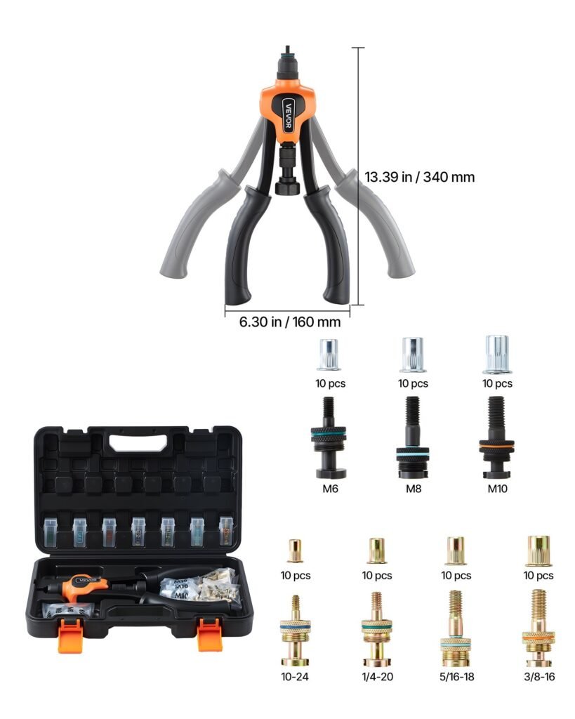 Rivet Nut Tool Kit, 14-Inch Two-Handed Rivnut Tool Kit, With 7 Mandrels And 70 Nuts, Metric And SAE Size M6, M8, M10, 10-24, 1/4-20, 5/16-18, 3/8-16 UNC, With A Carrying Case, For Home, Auto