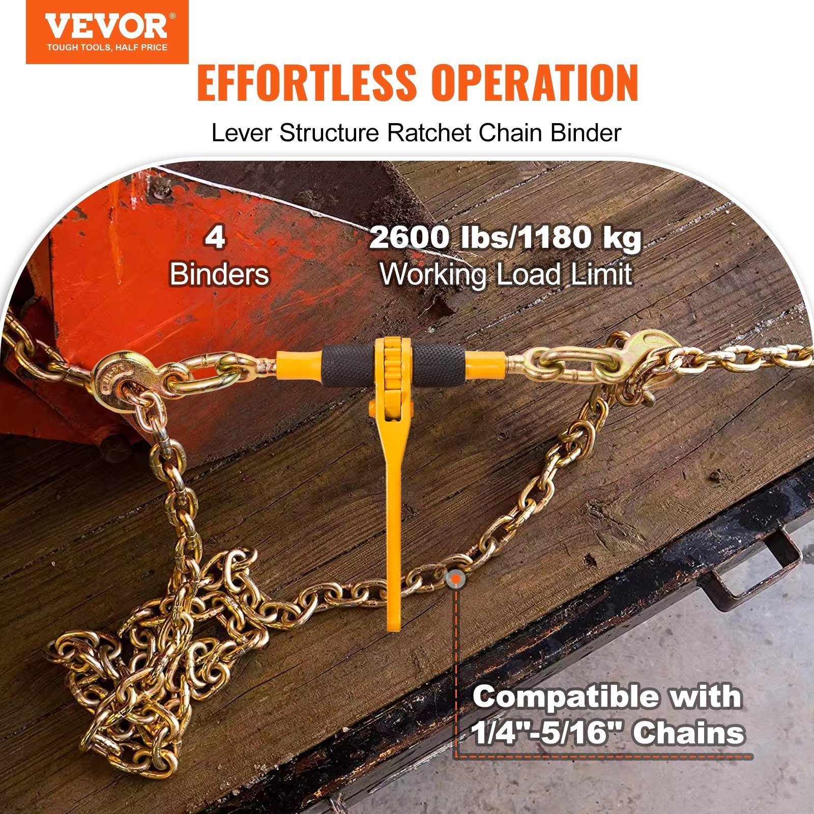 Chain Binder Ratchet Load Binder 1/4'-5/16' 2600 Lbs For Tie Down 4 Pack - Image 3