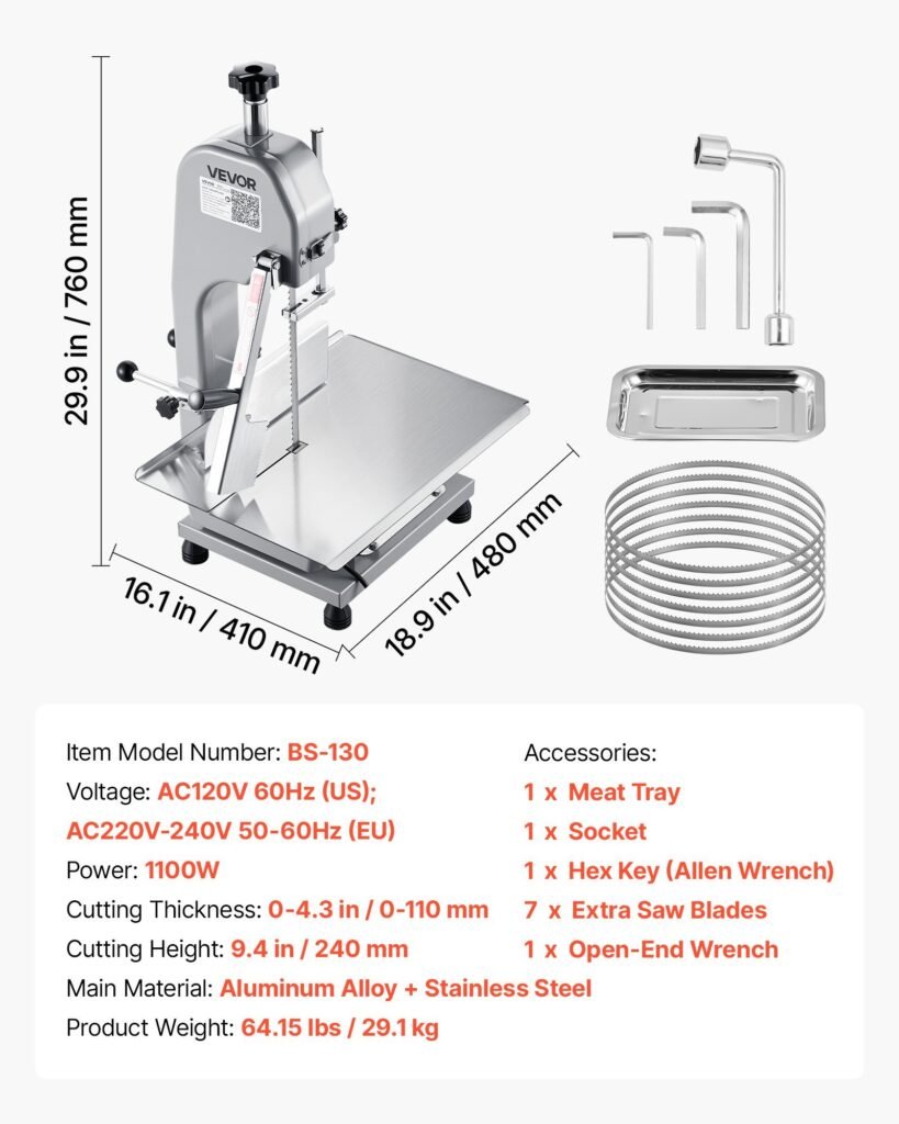 Commercial Electric Meat Bandsaw, 1100W Bone Sawing Machine With 12.4" X 18.1" Workbench, 0-4.3" Cutting Thickness, 7 Extra Replacement Blades, For Cutting Bone, Frozen Meat, Pork, Beef & Ribs