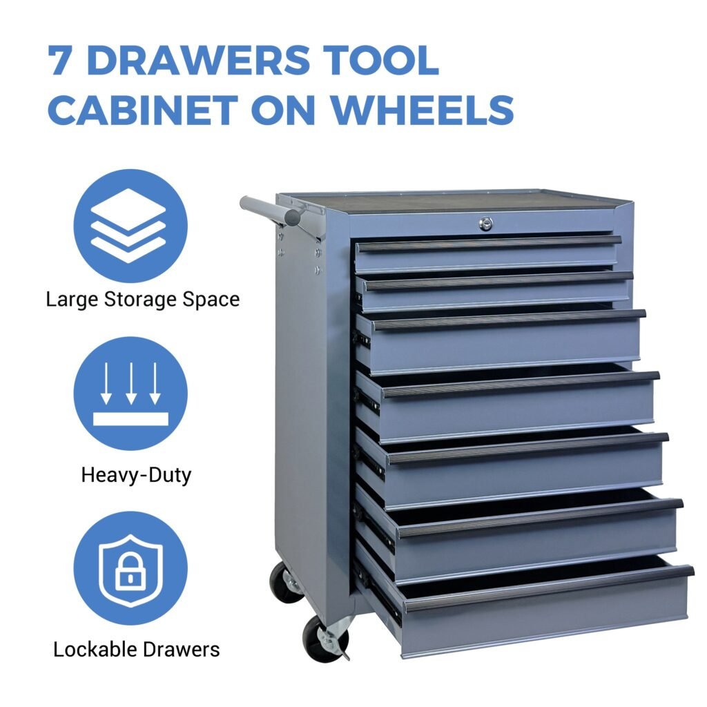 7-Drawer Rolling Tool Storage Cabinet With Detachable Top Tool Box, Universal Lockable Wheels, Adjustable Shelf, Locking Mechanism, Metal Tool Cart For Garage Workshop,Titanium Cold Grey
