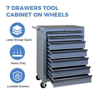 7-Drawer Rolling Tool Storage Cabinet With Detachable Top Tool Box, Universal Lockable Wheels, Adjustable Shelf, Locking Mechanism, Metal Tool Cart For Garage Workshop,Titanium Cold Grey - Image 4