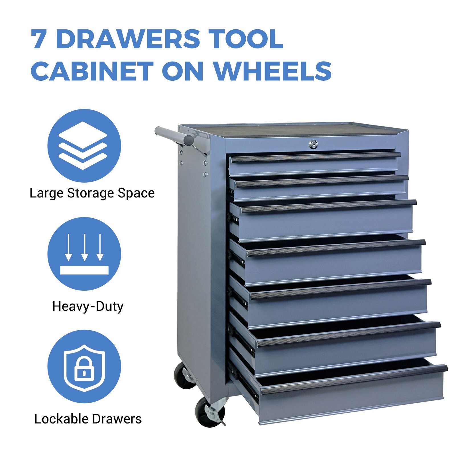 7-Drawer Rolling Tool Storage Cabinet With Detachable Top Tool Box, Universal Lockable Wheels, Adjustable Shelf, Locking Mechanism, Metal Tool Cart For Garage Workshop,Titanium Cold Grey - Image 4