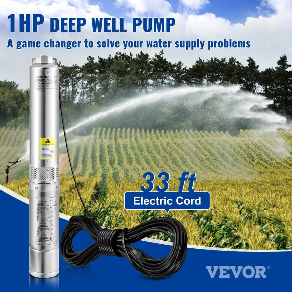 Deep Well Submersible Pump, 1HP 115V/60Hz, 37gpm Flow 207ft Head, With 33ft Electric Cord, 4" Stainless Steel Water Pump For Industrial, Irrigation&Home Use, IP68 Waterproof Grade