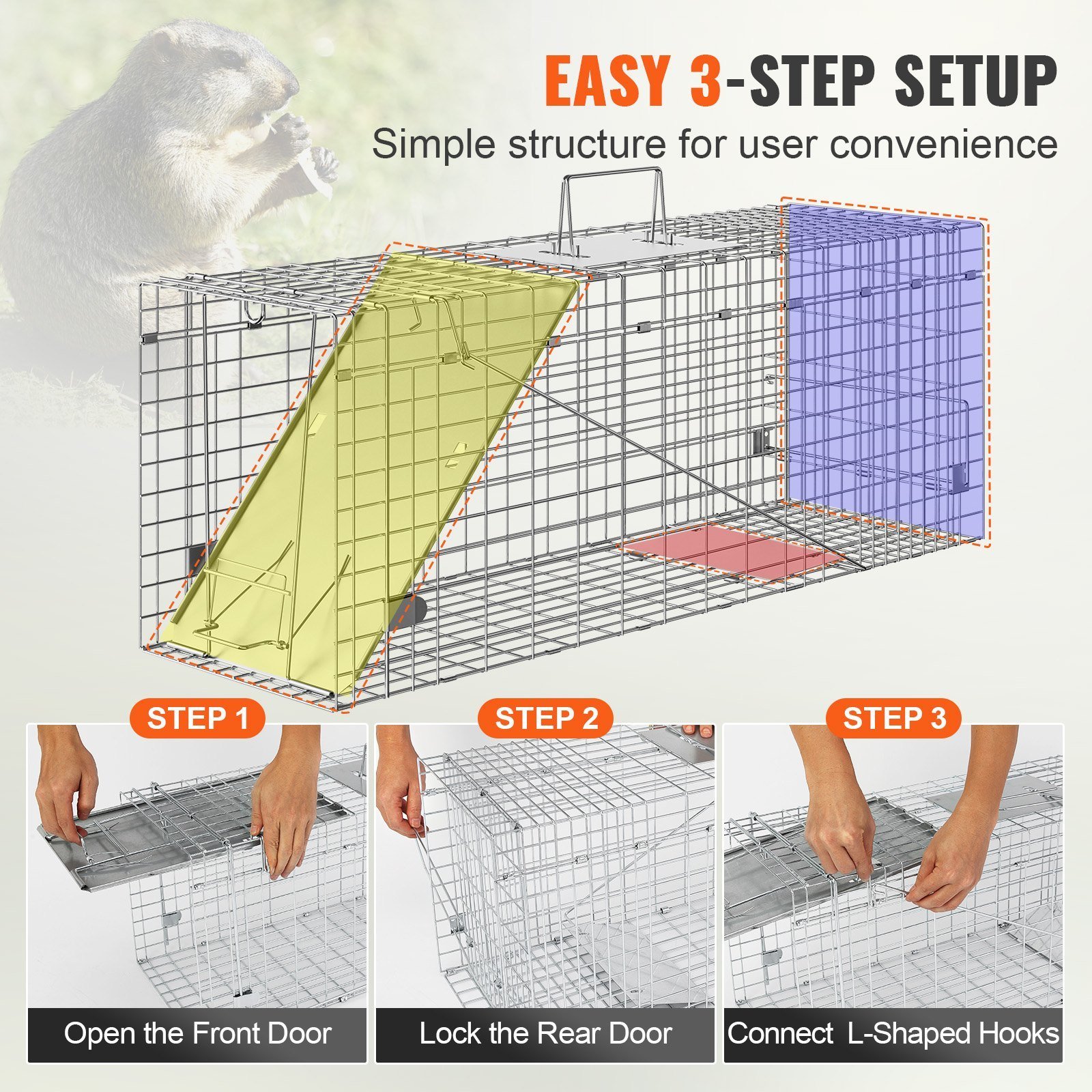 Live Animal Cage Trap, 31" X 10" X 12" Humane Cat Trap Galvanized Iron, Folding Animal Trap With Handle For Rabbits, Stray Cats, Squirrels, Raccoons, Groundhogs And Opossums - Image 2