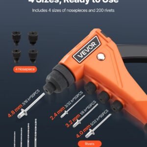 Pop Rivet Gun Kit, With 200 Blind Rivets, Heavy Duty Single Hand Riveter With 4 Interchangeable Nosepieces, 4 Drill Bits, And A Carrying Case, Manual Riveting Tool For Metal, Automotive, Home - Image 4