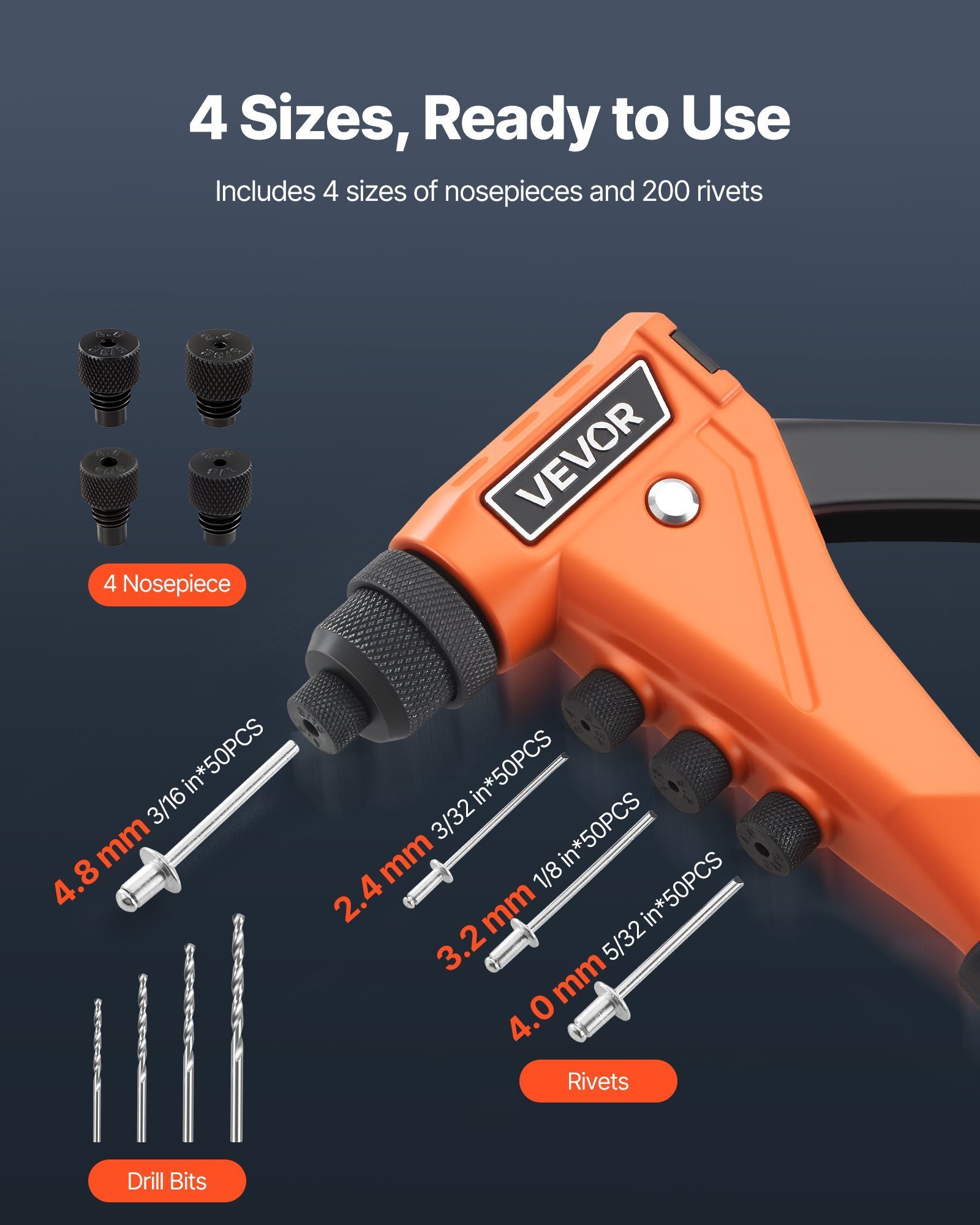 Pop Rivet Gun Kit, With 200 Blind Rivets, Heavy Duty Single Hand Riveter With 4 Interchangeable Nosepieces, 4 Drill Bits, And A Carrying Case, Manual Riveting Tool For Metal, Automotive, Home - Image 4