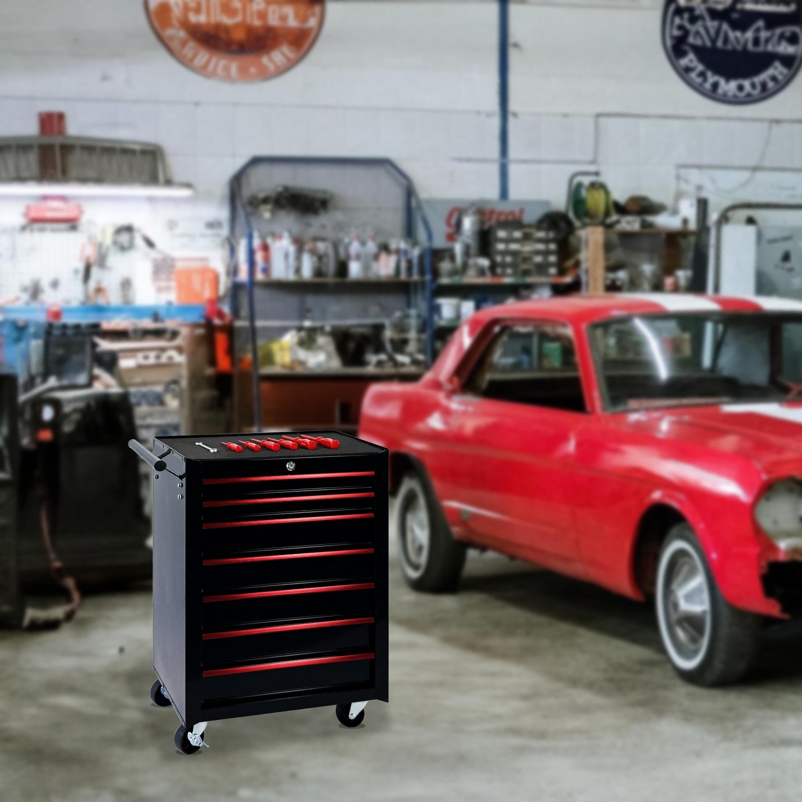 7-Drawer Rolling Tool Storage Cabinet With Detachable Top Tool Box, Universal Lockable Wheels, Adjustable Shelf, Locking Mechanism, Metal Tool Cart For Garage Workshop,Dark Space Black - Image 7