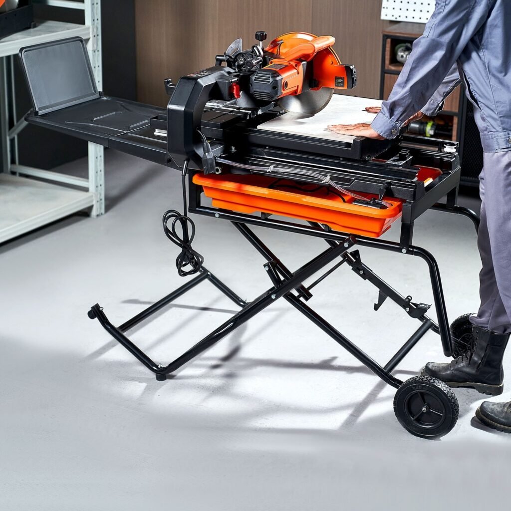 Wet Tile Saw With Stand, 10-inch 65Mn Steel Blade, 4500 RPM Motor, Tile Cutter Wet Saw With Water Reservoir And Casters, 0-45 Degrees Miter Angle For Cutting Tiles, Floor Tiles, And Stones