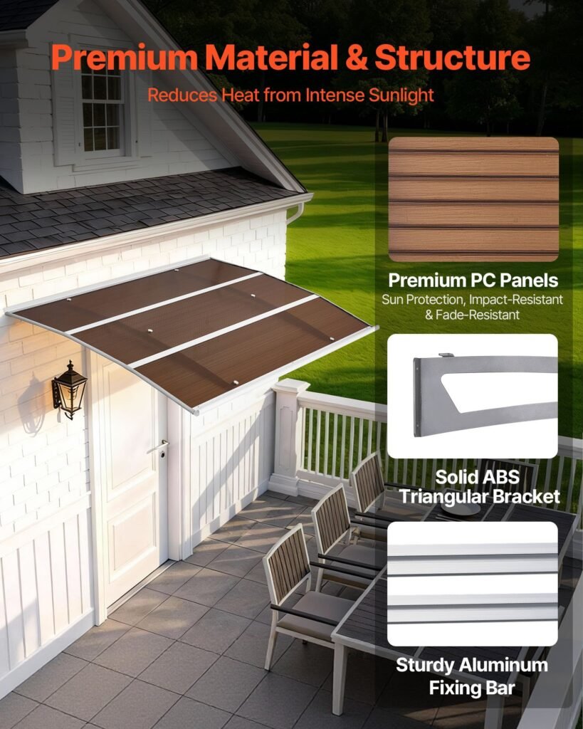 Awnings For Door Entrance, 39 X 59 In, Exterior Front Door Window Awnings With Drainage & Metal Bracket, Rain Snow Sun Protection, Overhang Polycarbonate Door Canopy For Porch Patio, Brown