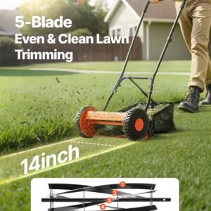 14' Manual Push Reel Lawn Mower 5-Blade Adjustable Height Grass Catcher 2 Wheels - Image 4