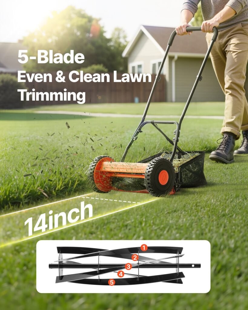 14' Manual Push Reel Lawn Mower 5-Blade Adjustable Height Grass Catcher 2 Wheels