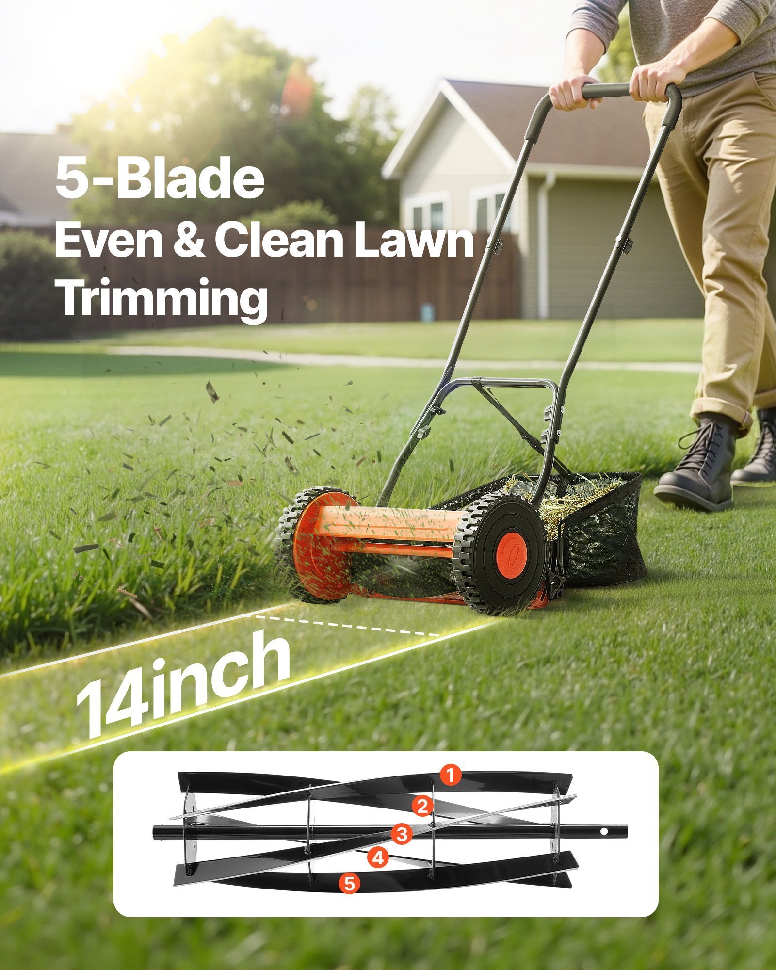 14' Manual Push Reel Lawn Mower 5-Blade Adjustable Height Grass Catcher 2 Wheels - Image 4