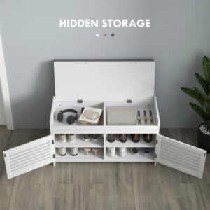 Shoe Storage Bench, Modern Entryway Bench With Cushion, Hidden Compartments, Adjustable Shelves, Shutter Doors, White - Image 4
