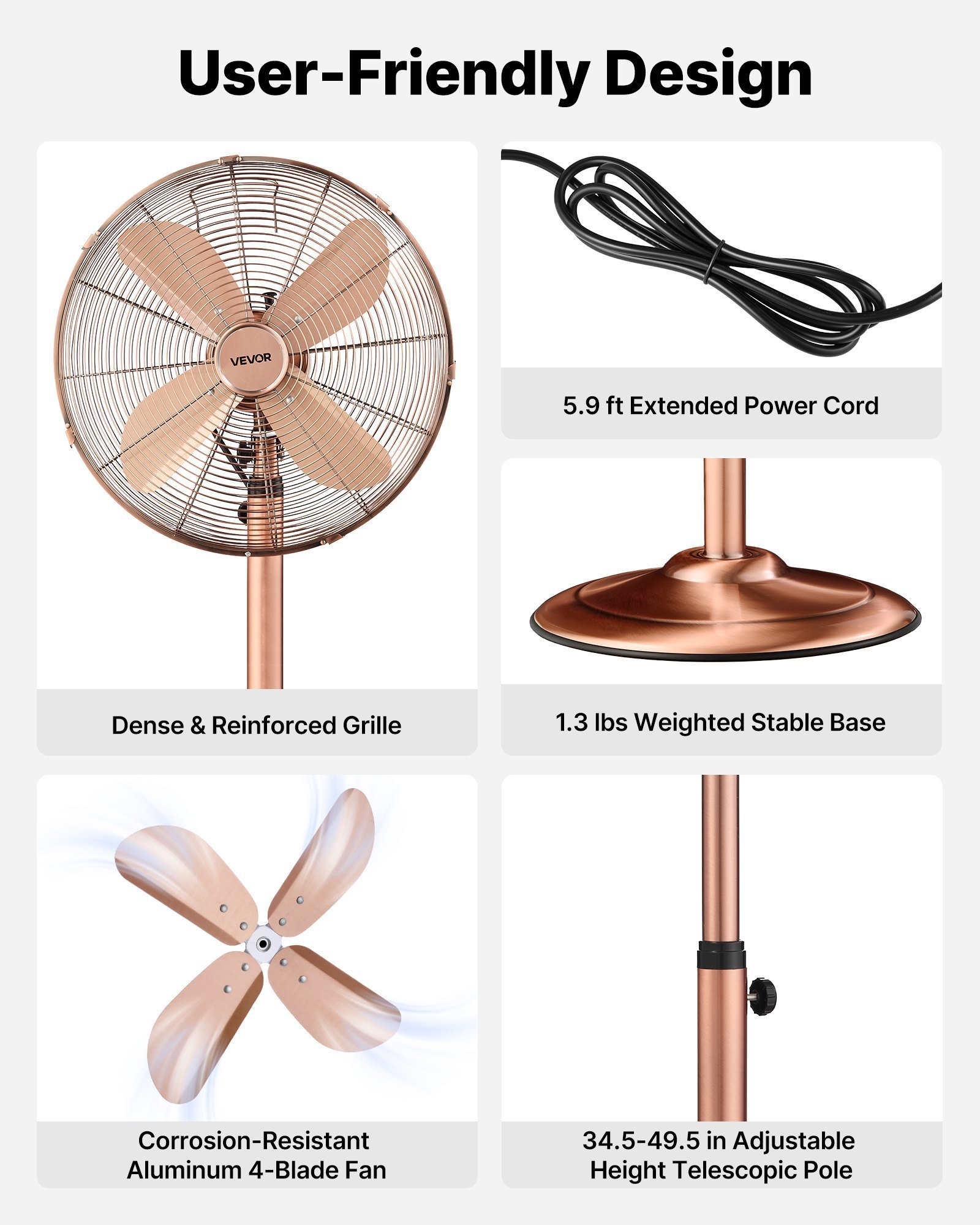 16-Inch High Velocity Pedestal Fan, 1450 CFM Industrial Standing Floor Fan With Handle, 75° Oscillating, 3-Speed Adjustable Height, Metal Made For Commercial, Garage, Workshop, Home, Copper - Image 3