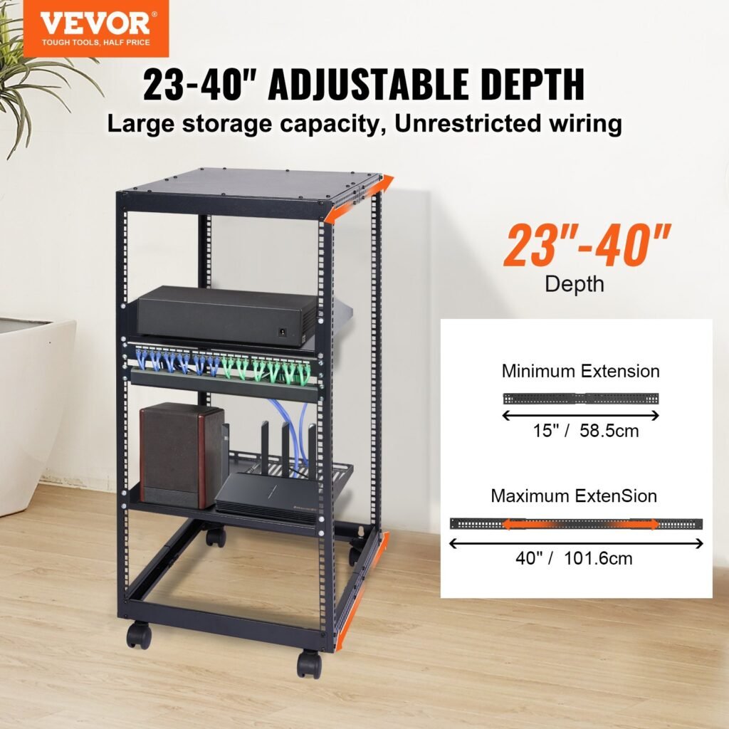 20U Open Frame Server Rack, 15''-40'' Adjustable Depth, Free Standing Or Wall Mount Network Server Rack, 4 Post AV Rack With Casters, Holds All Your Networking IT Equipment AV Gear Router Modem
